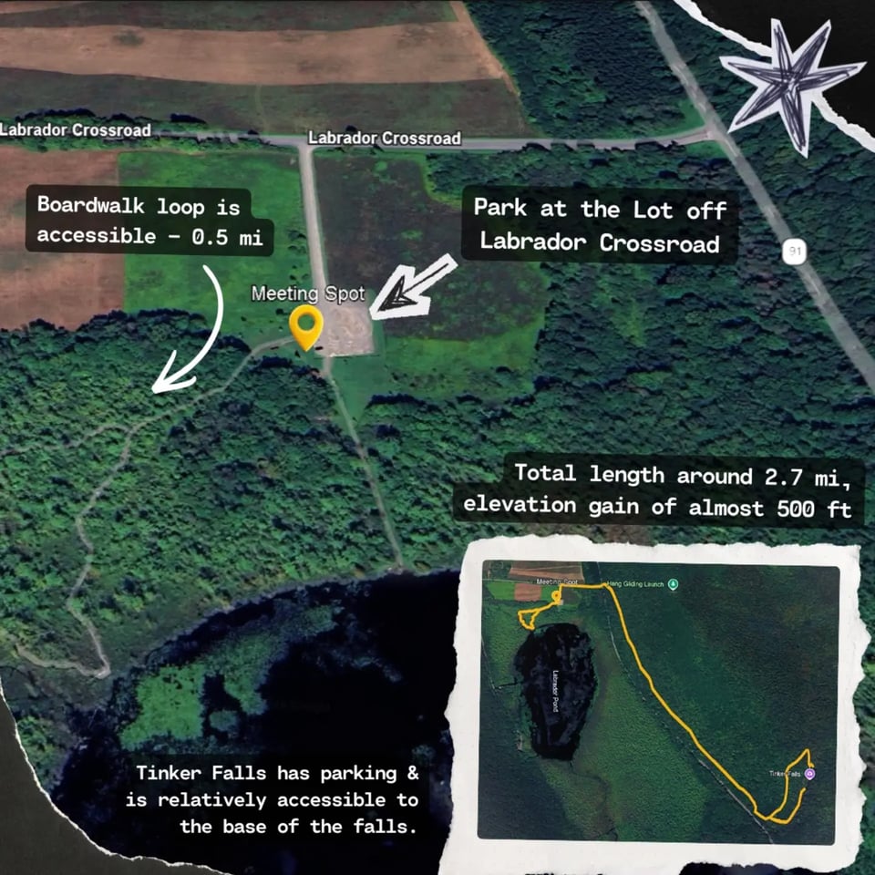 Park at the Lot off Labrador Crossroad.
Boardwalk loop is accessible at 0.5 mi.
Total length around 2.7 mi, elevation gain of almost 500 ft (estimate).
Tinker Falls has parking & is relatively accessible to the base of the falls.