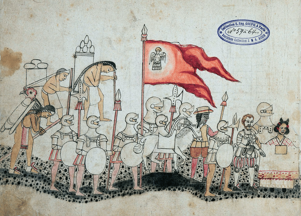 Drawing of a procession of men in armor and porters behind them. In front, a European man and an Indigenous woman.