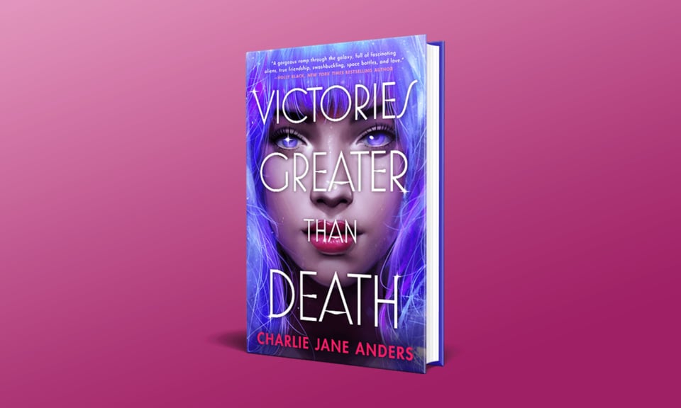 The cover of Victories Greater Than Death: a purple-haired girl with sparkling purple eyes. The book is against a crimson background.