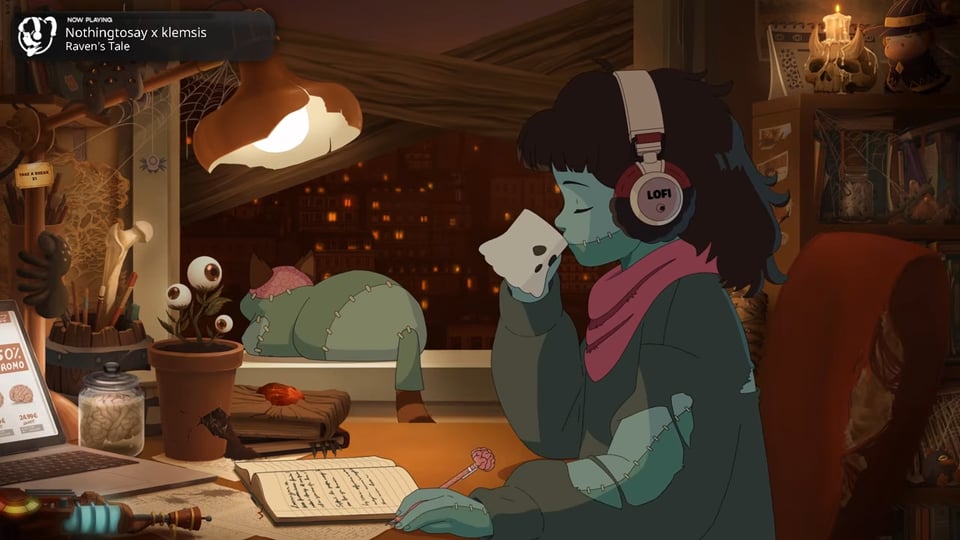 A zombie version of Lofi Girl sits at a desk and studies. There are other Halloween elements around the room, like a ghost-themed cup and an eyeball plant