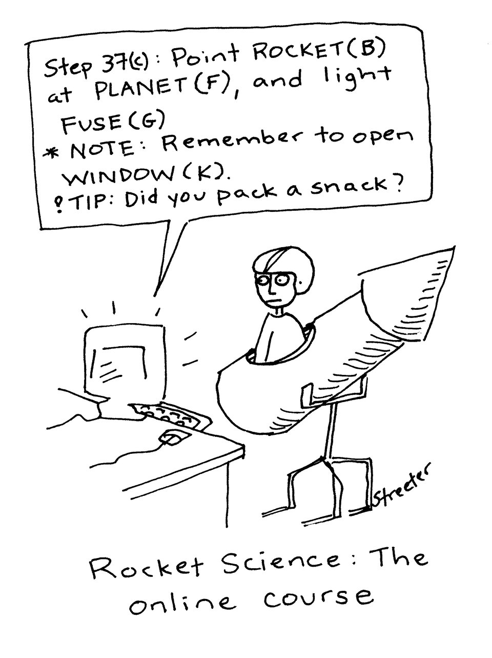 Cartoon of someone building a rocket using a computer course