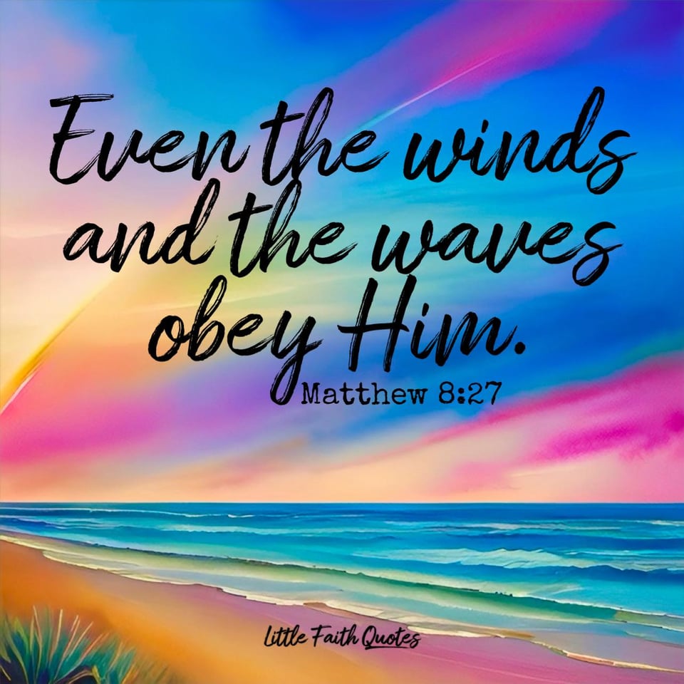 The Disciples were amazed. โWho is this man?โ they asked. โEven the winds and waves obey Him!โ ~Matthew 8:27. Blue waves crash against a sandy beach. Blue, pink, and yellow clouds streak through the sky. Image by: @Little Faith Quotes.