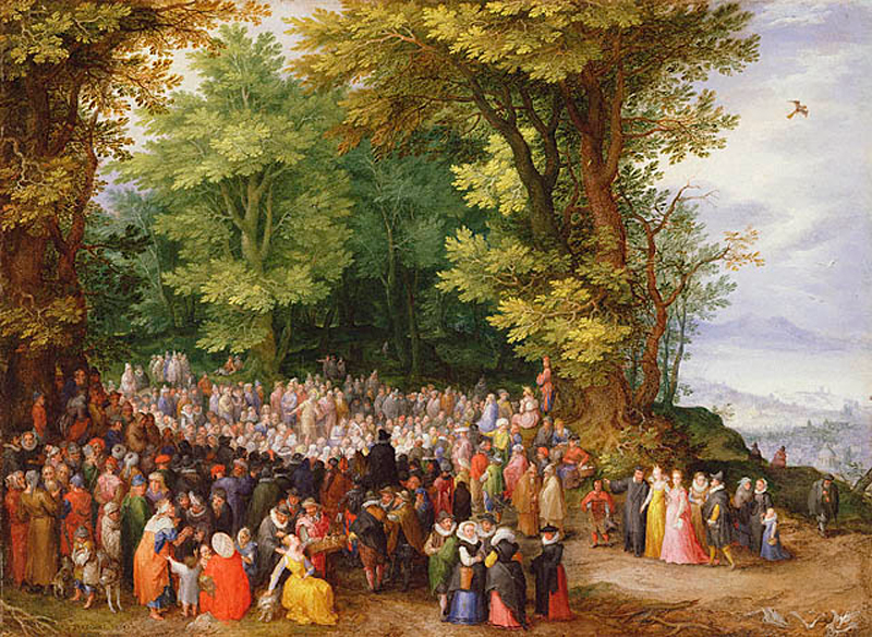 classic Flemish-stype painting of people in various low country traditional garb gathered en masse at the edge of a forest