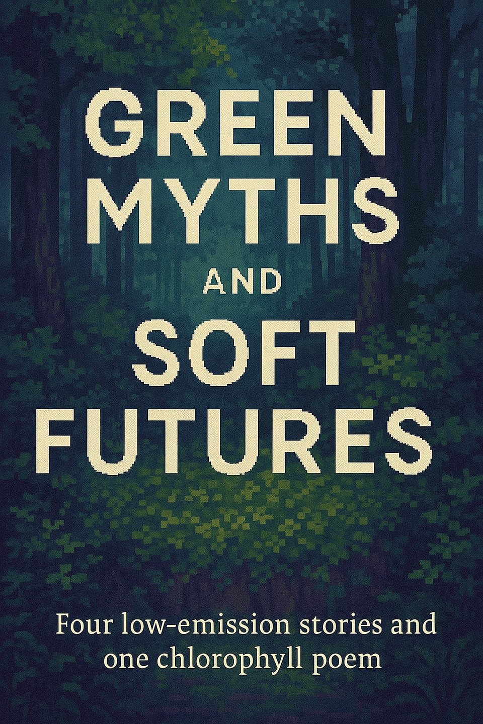 Pixel art cover image for "Green Myths and Soft Futures" showing forest background and sub-title text that says "Four low emissions short stories and one chlorophyll poem.