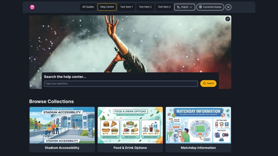 Screenshot of the help centre landing page, showing a prominent branded banner, a search box and a list of collections to browse.