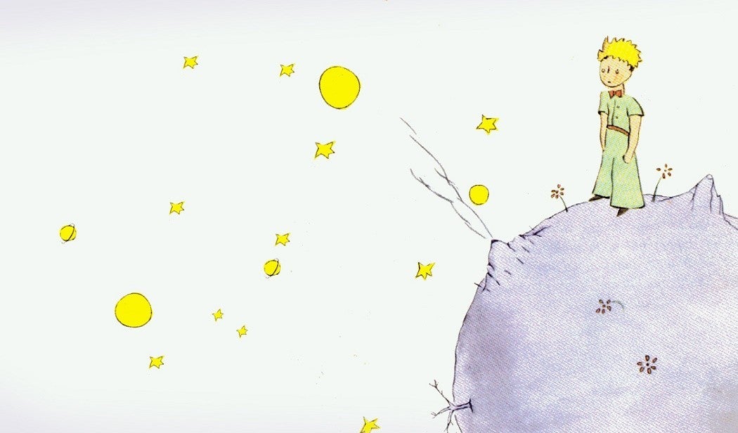 Illustration from The Little Prince of the prince standing on his tiny planet, gazing at a sky full of stars
