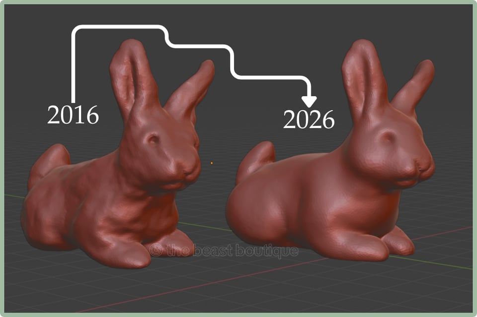A screenshot of a blender workspace with two loafing rabbit figurines loaded into it. One the left, the rabbit is rougher, less refined, with '2016' written above it. On the right, the rabbit's body has been smoothed, and the body filled out a bit. '2026' is written above it. An arrow shapes itself around the first rabbit to point at the second one.
the shop name, the beast boutique, watermarks the image.