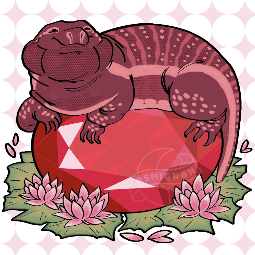 An illustration of a red tegu peacefully laid on to of a ruby, which itself is also on top of a plethora of lily pads with water lilies.