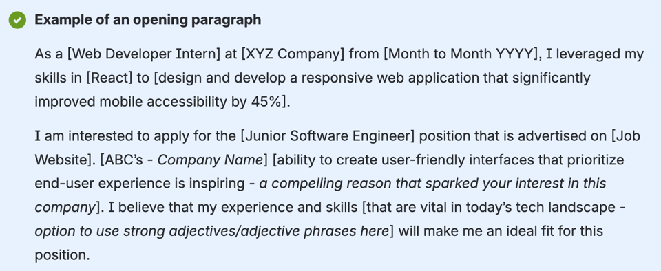 Sample of an opening paragraph for a cover letter