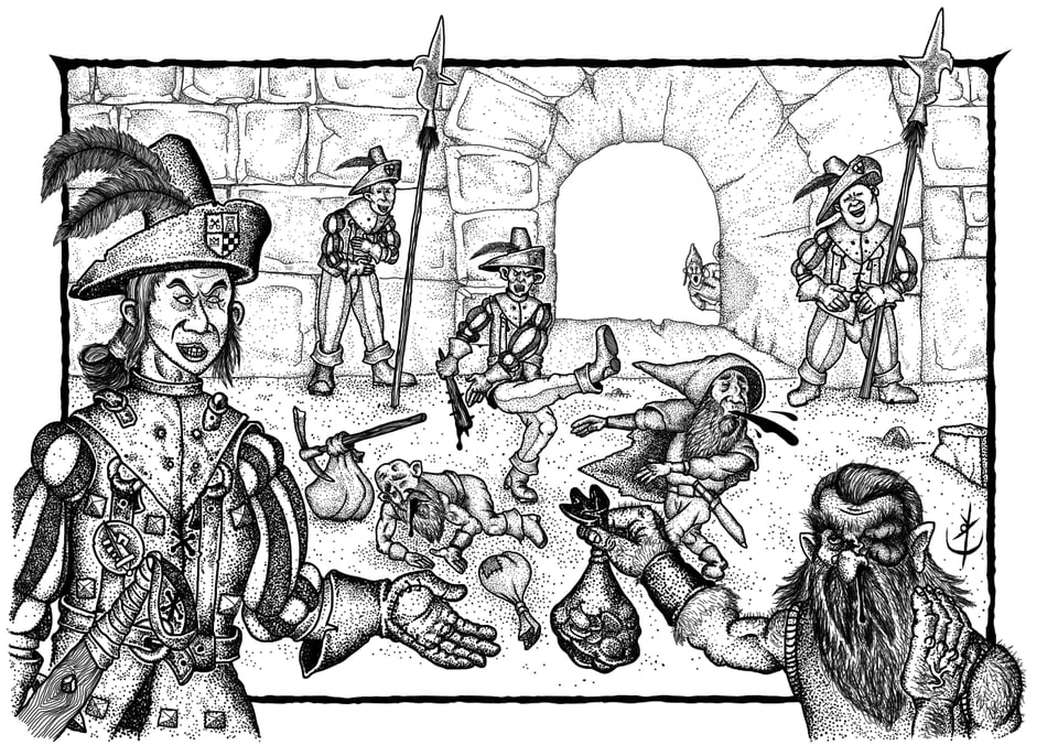 Black and white artwork of guards extorting adventurers.
