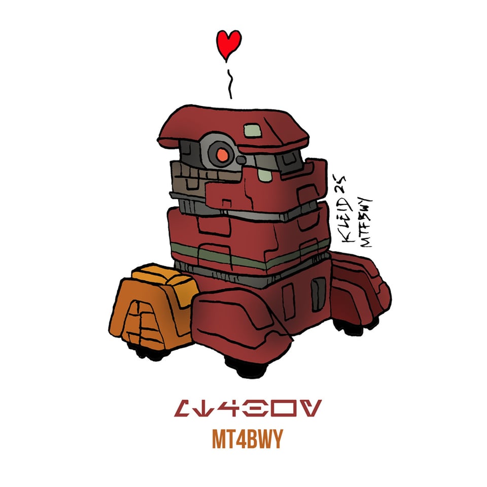 a drawing of B2EMO from Andor by Neil Kleid, with the letters MTFBY in aurebesh (in red) and english (in orange)