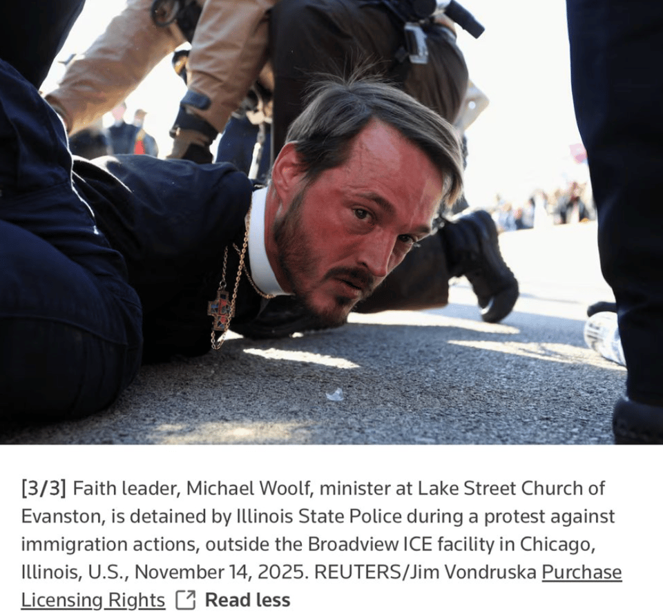 Faith leader Michael Woolf face down on the ground with Illinois State Troopers shoving into his back to arrest him as he protested at the Broadview ICE facility on November 14, 2025