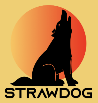 A black dog howls against an orange sun-like circle and a yellow background. Below is the word "Strawdog" in black letters