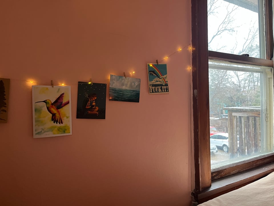 postcards hanging on string lights along a rose-beige wall - hummingbird, fireflies, lake, dolphin leaping under rainbow over the words FUCK IT!