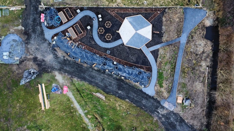 Drone photo of garden mid-build