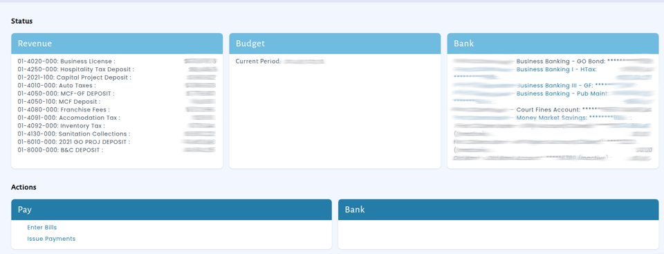 Finance Dashboard showing the status of the revenue, of the budget, and of the bank accounts