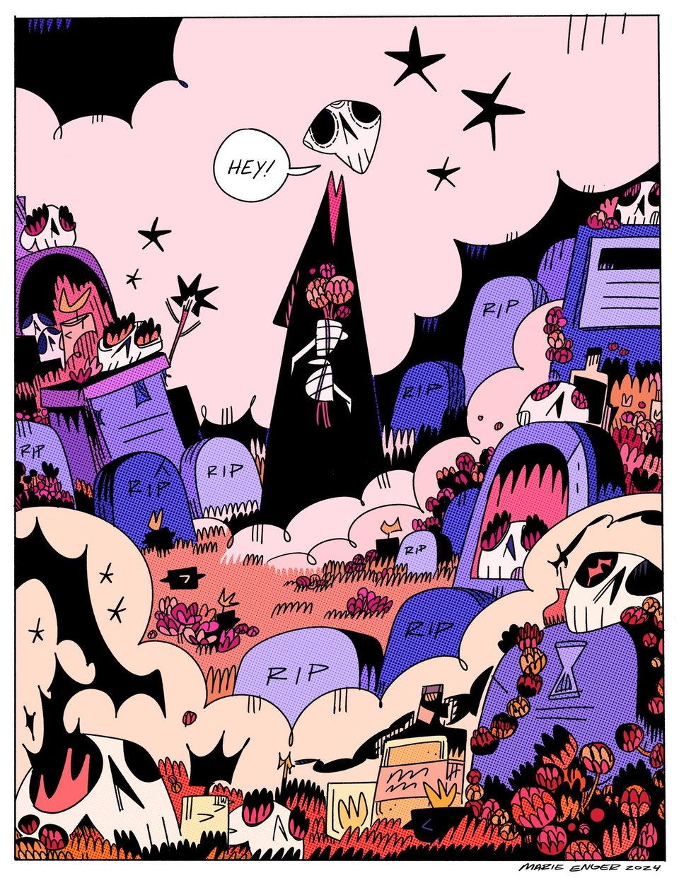 An illustration of a skeleton standing in a graveyard littered with skulls. The skeleton cluthes a bouquet of flowers and is saying, "Hey!"