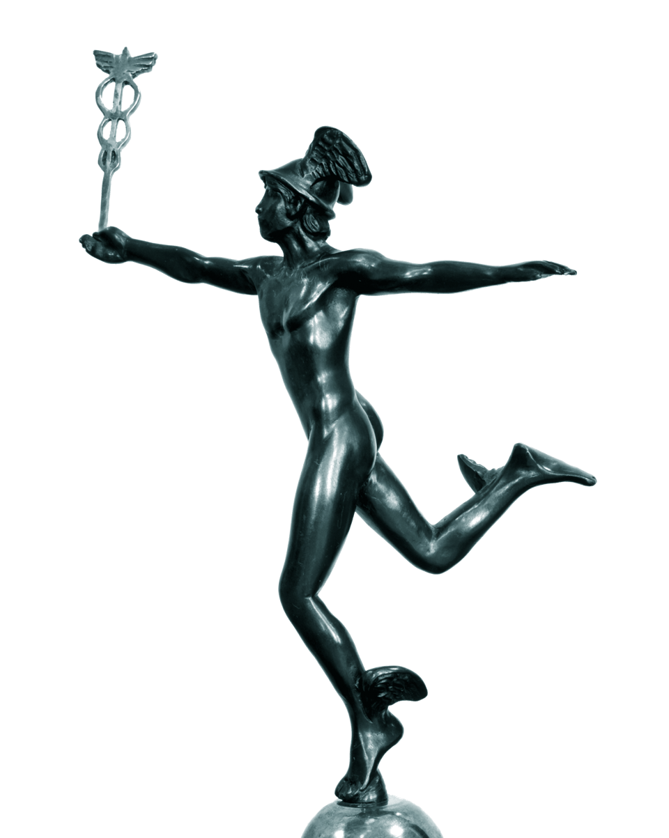 A statue of the god Mercury running and carrying a caduceus, the distinctive winged staff entwined with two snakes. You may think this has a medical meaning, but the medical symbol is actually the Rod of Asclepius, which has no wings and only a single snake. But wait a minute, you're saying, I've definitely seen the caduceus used to advertise medical businesses. Yes you have, and it's WRONG. Except that Mercury is the god of commerce, so maybe it's just an unusually truthful representation of the US medical system.