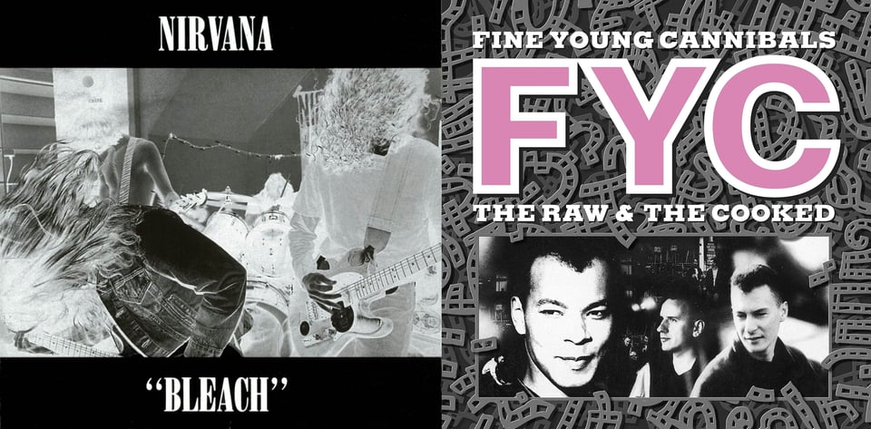 First pic: A black and white negative (creep) image of Nirvana playing (three guitarists and one drummer) all of them banging their heads and making their hair whip around. Second pic: A black and white photo of, one the left, a young Black man, with narrow eyes, slightly pursed lips, and a widow's peak. On the right, two pasty white guys with short hair. Behind the picture are a mass of grey shapes that suggest letters made out of horshoes, but aren't letters or horseshoes.