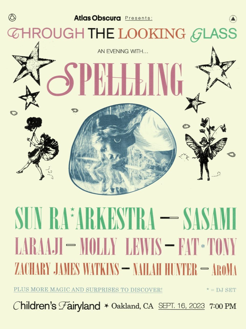A lineup poster for the music festival Through the Looking Glass, featuring SPELLLING, Sun Ra Arkestra, SASAMI, Laraaji, Molly Lewis, Fat Tony, ZacharyJames Watkins, Nailah Hunter, and AroMa.