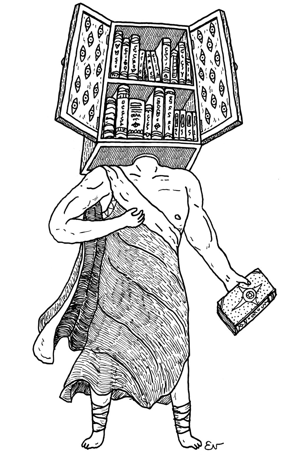 Un dessin d'Evlyn Moreau d'un colosse avec une tête de bibliothèque