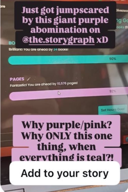 A user's Instagram story featuring the new reading goal pane in dark mode with the caption: Just got jumpscared by this giant purple abomination on The StoryGraph.