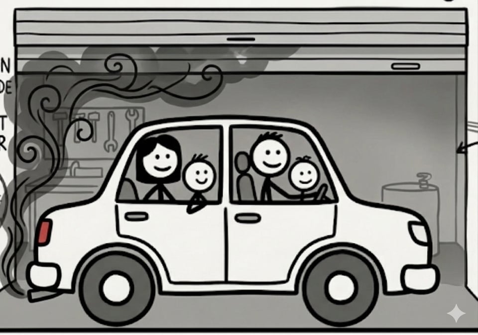 drawing of family inhaling carbon monoxide inside their car in their garage closed