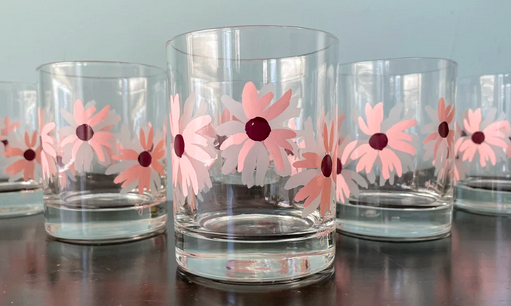 Vintage cocktail glasses with pink flower print