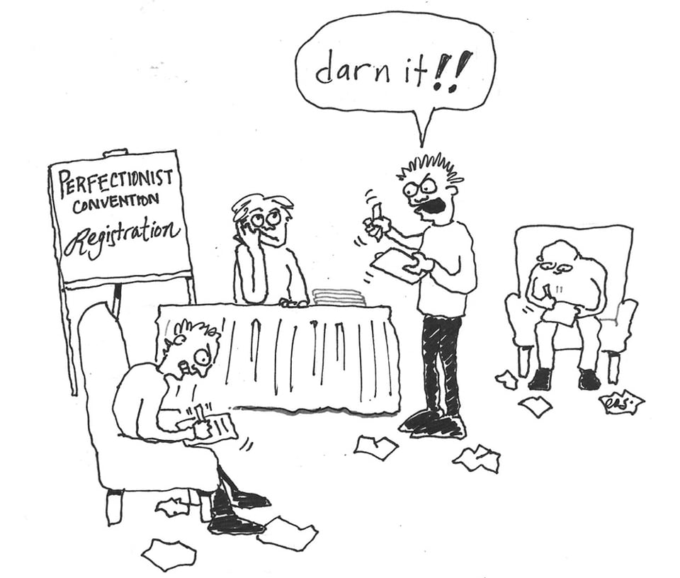 Cartoon of people trying and failing to fill out a form with a sign, "perfectionist convention registration"