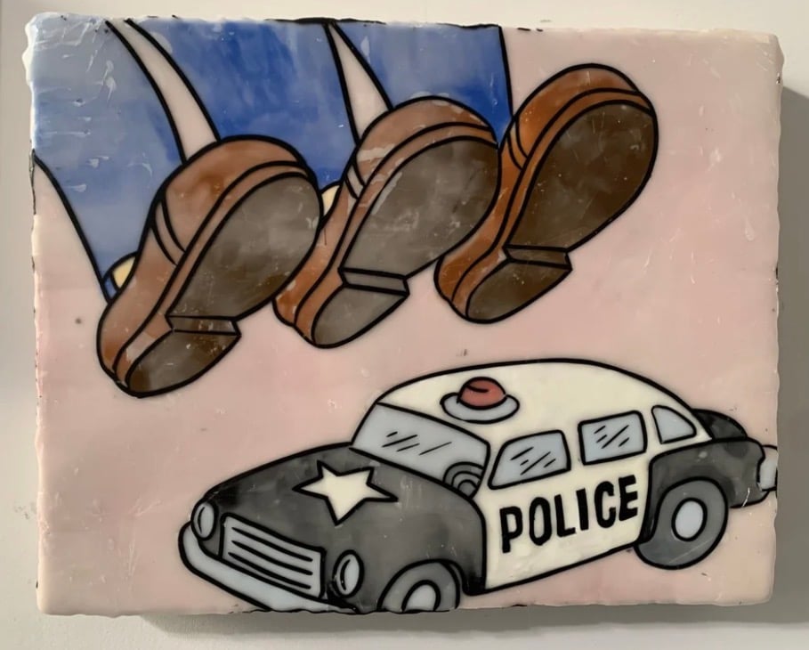 painting of three giant feet about to step on and smash a copy car