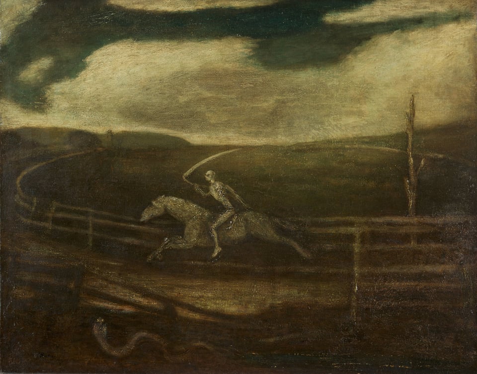 A painting by Albert Pinker Ryder. It is muted in greens and brown. In the center, a skeleton-like figure rides a horse. The horse and rider are mid gallop along a brown road. He holds a scythe in his hand. There is a fence that runs along behind them. There is a snake hidden in the darkness in the foreground. A dead tree rests next to the fence.