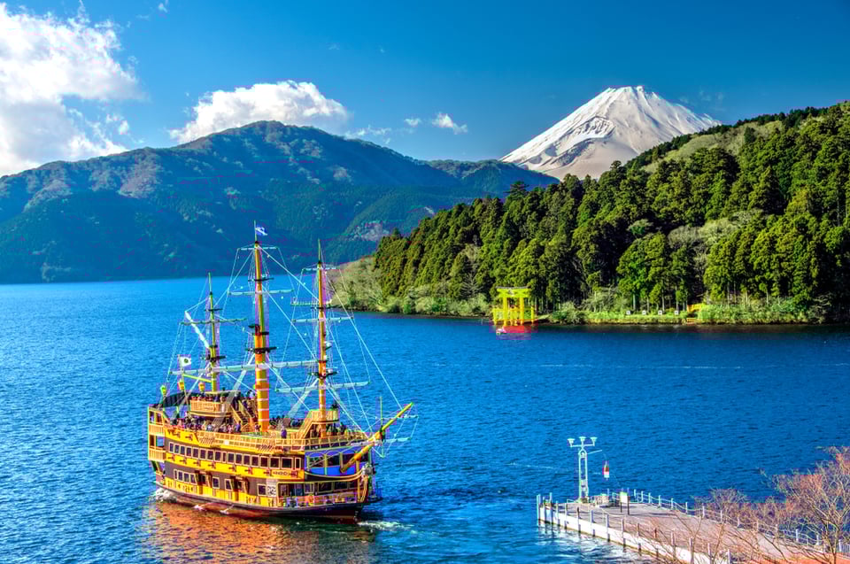 A party pirate ship sailing on Lake Ashi with Mt. Fuji in the backkground.