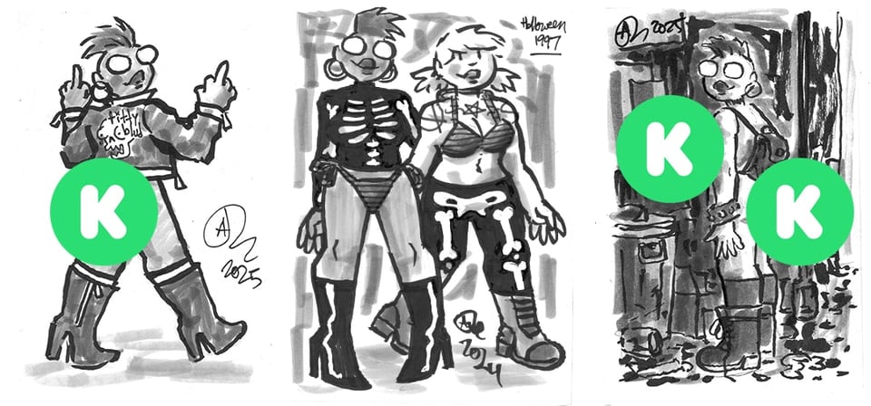 Thre images that will appear in the pin-up zine. Two of them have been amusingly censored with kickstarter logos.