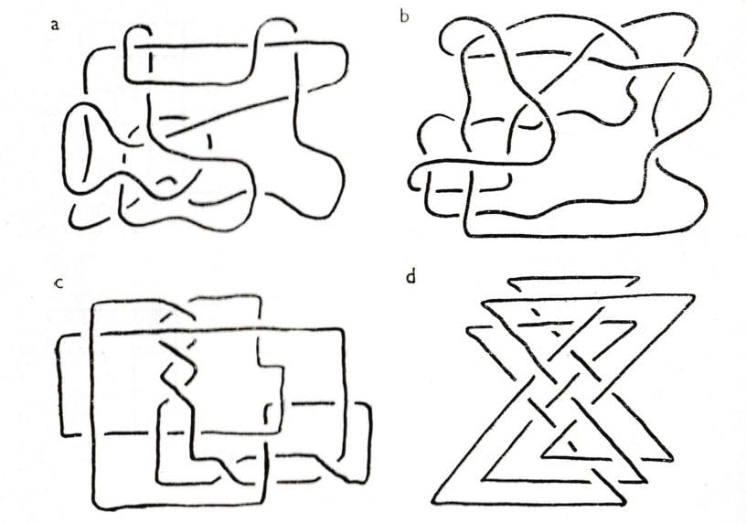 Hand-drawn diagrams of four complex loops, in which parts of the loops go under and over different parts