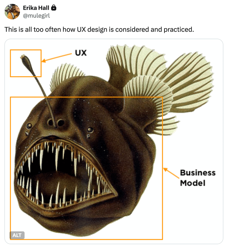 An angler fish labeled UX design and business model