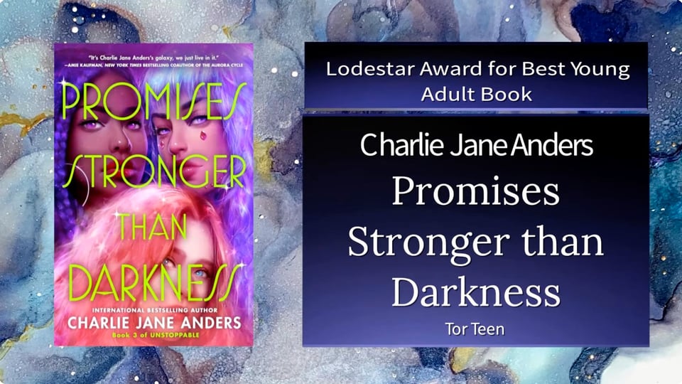 A graphic showing the cover of PROMISES STRONGER THAN DARKNESS with a plaque thingy saying Lodestar Award for Best Young Adult Book