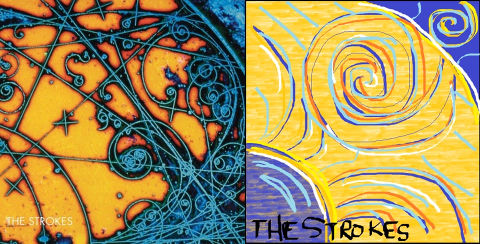 So according to Wikipedia, this is a "psychedelic photograph of subatomic particle tracks in a bubble chamber." Let me do my best to describe it. On a bright orange background are many, many bright light blue lines most of them curving into a spiral and then terminating into a dot. Across this, also in bright blue, are crosses, like crosshairs. It looks more like some kind of occult drawing than something scientific.