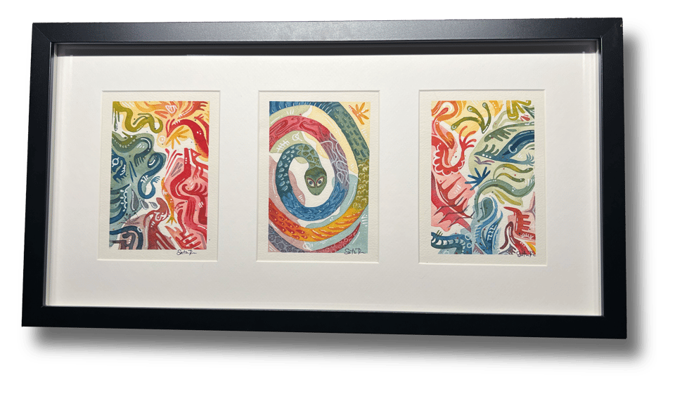 Triptych painting entitled "Strange Happiness" featuring 3 5x7 watercolor abstract paintings using a muted rainbow color palette. A spiraling snake is shown on the middle panel. 