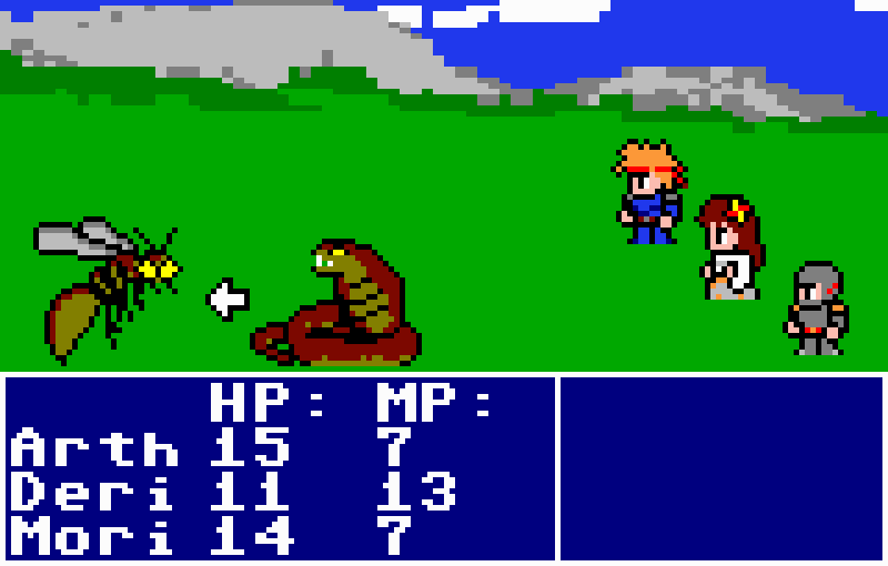 A pixelated RPG screenshot showing three characters battling a snake and a large mosquito