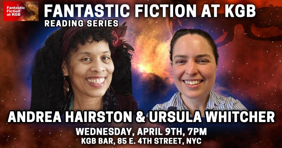 Fantastic Fiction reading series promo image with photos of Andrea Hairston and me, smiling broadly, against a background of color-enhanced galaxies