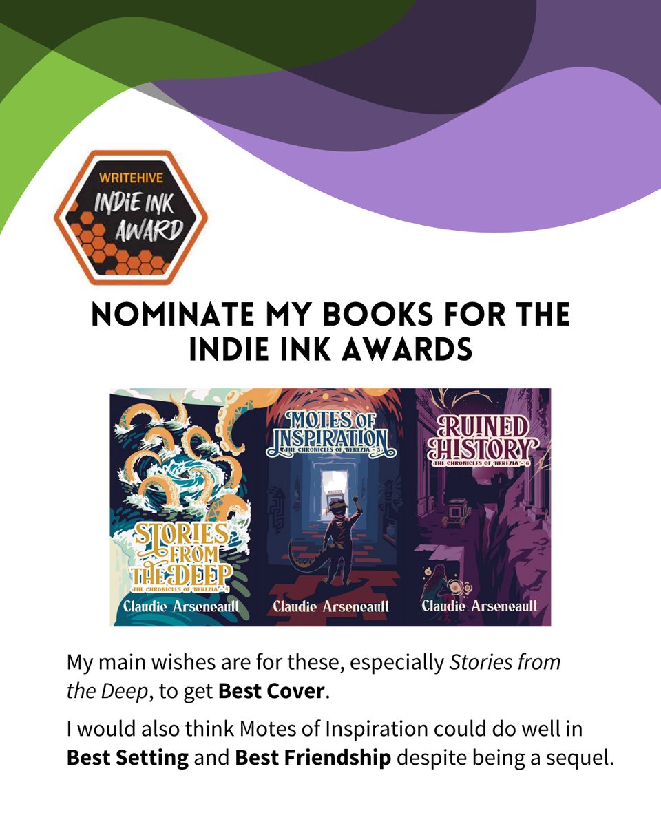Nominate my books for the Indie Ink Awards – Nerezia 4 to 6. My main wishes are for these, especially Stories from the Deep, to get Best Cover. I would also think Motes of Inspiration could do well in Best Setting and Best Friendship despite being a sequel.