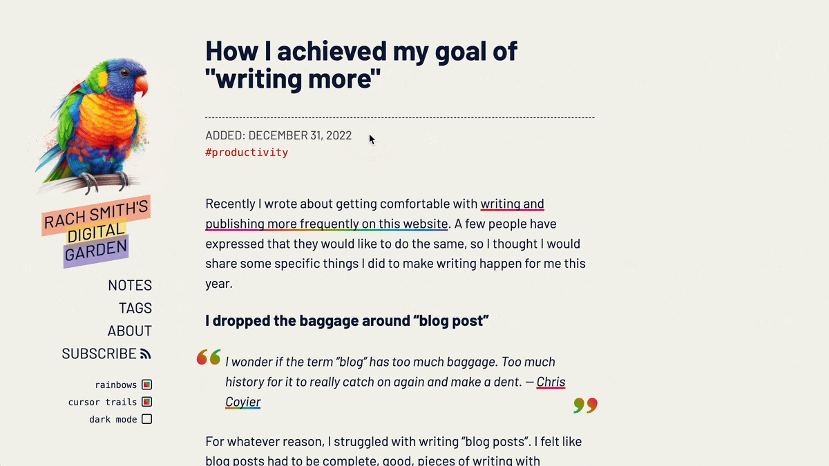 Rach Smith’s website with rainbow lorikeet parrot on the left and a blog post reading “How I achieved my goal of writing more” and a colourful mouse cursor trail