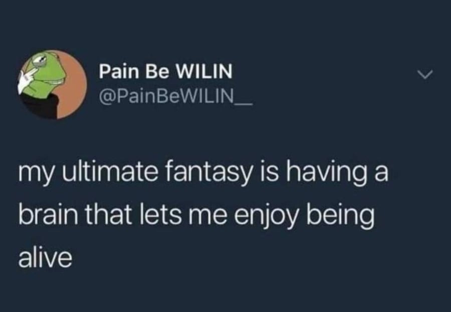 Twitter screenshot: @PainBeWILIN__: my ultimate fantasy is having a brain that lets me enjoy being alive
