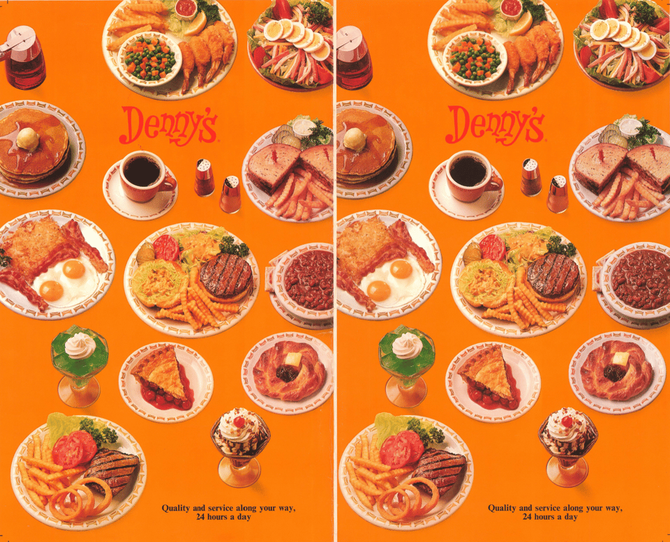 A Denny's menu from the 60s with a whimsical collage of many of their dishes on orange