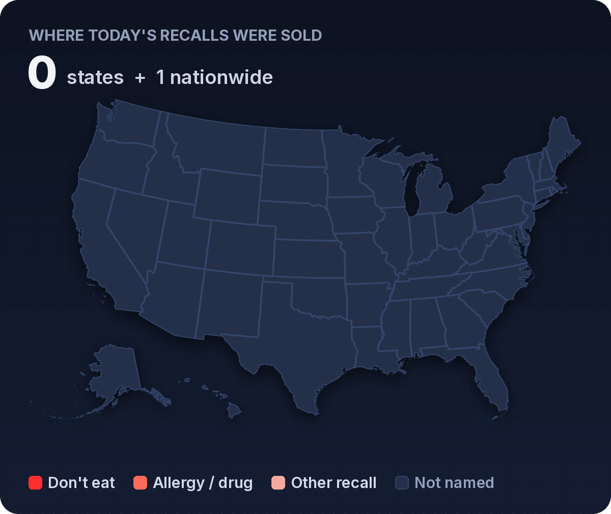 Map of states where today's recalls were sold: none
