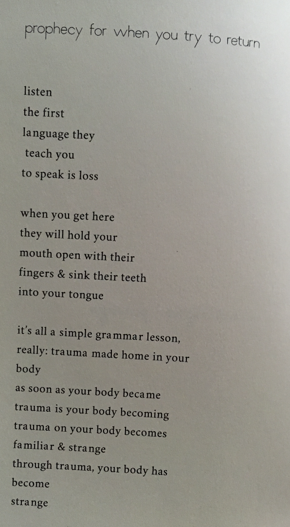 The poem, "prophecy for when you try to return" from Destiny Hemphill’s, Oracle: A Cosmology
