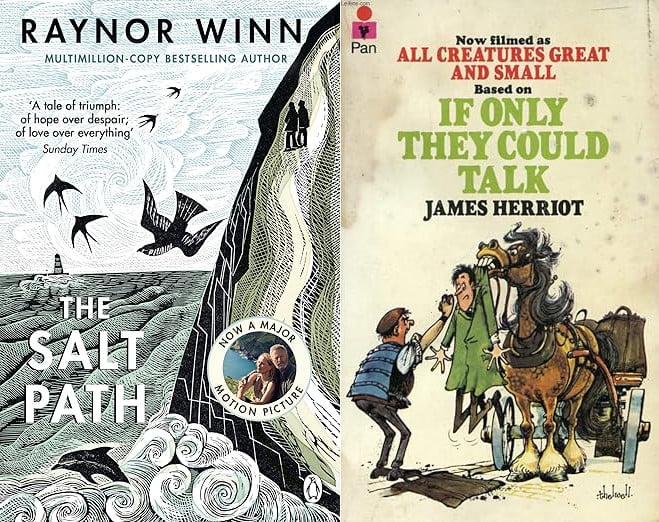 On left, the cover of The Salt Path by Raynor Winn. On the right, the cover of If Only They Could Talk by James Herriot