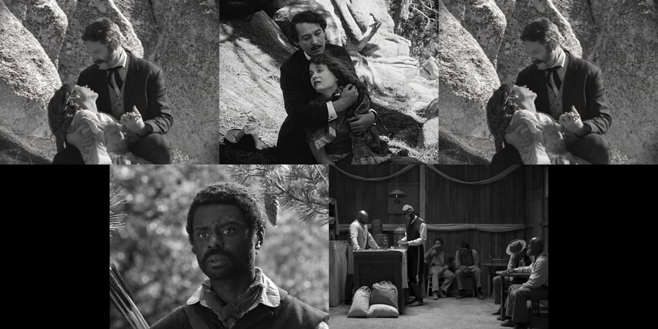 A black-and white five-channel video projection showing images from Stan Douglas's "Birth of a Nation" 2025.