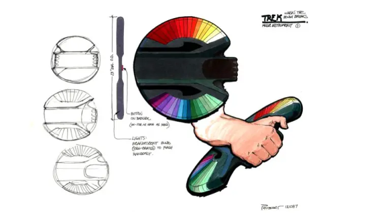 A drawing of the Aldean instrument from Star Trek. It shows a round disc-shaped object that is black in the middle with radiating colored lights along the top and bottom edges; the top ones run from dark red to yellow, and the bottom ones from dark purple to green. The drawing also shows a human arm holding one, gripping it with the palm and fingers on the far edge and the rest of the disc under the forearm