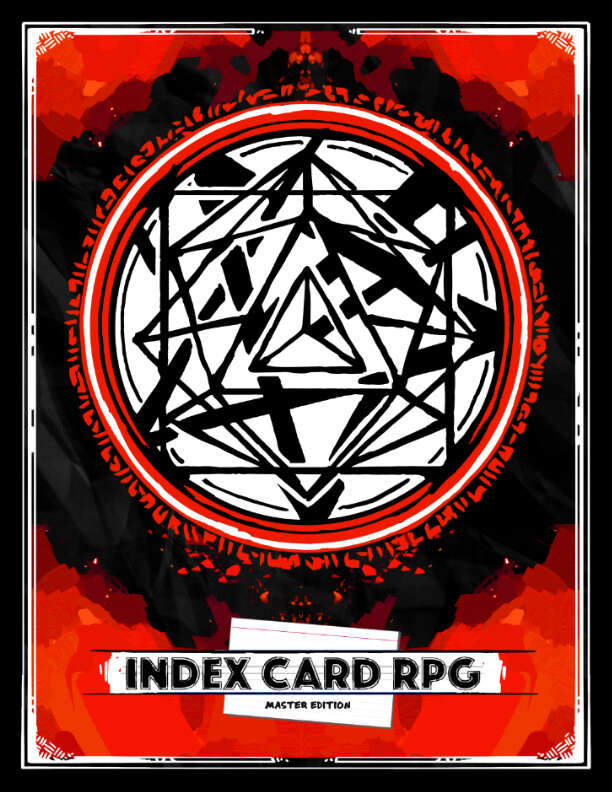 rune like images of dice in white, red and black, it's Index Card RPG